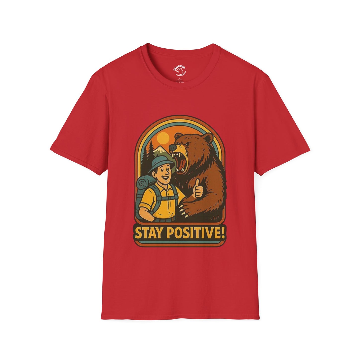 Stay Positive T-Shirt – Hiker and Bear Thumbs-Up Outdoor Graphic Tee