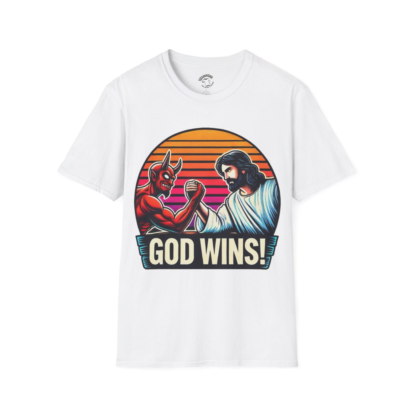 God Wins T-Shirt — Jesus vs. Devil Arm Wrestling Christian Graphic Tee