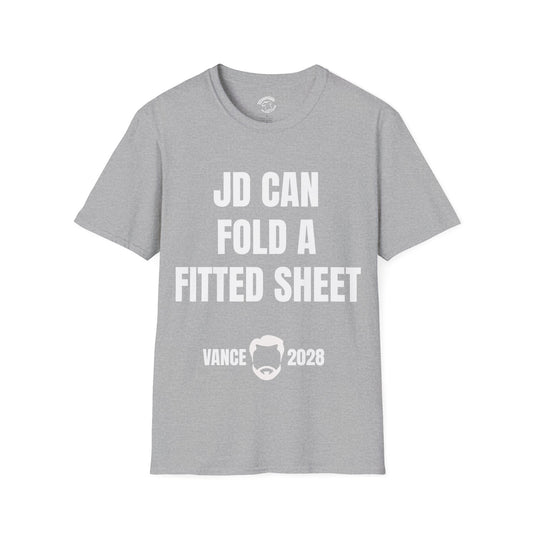 Funny Political Shirt – “JD Can Fold a Fitted Sheet” Vance 2028
