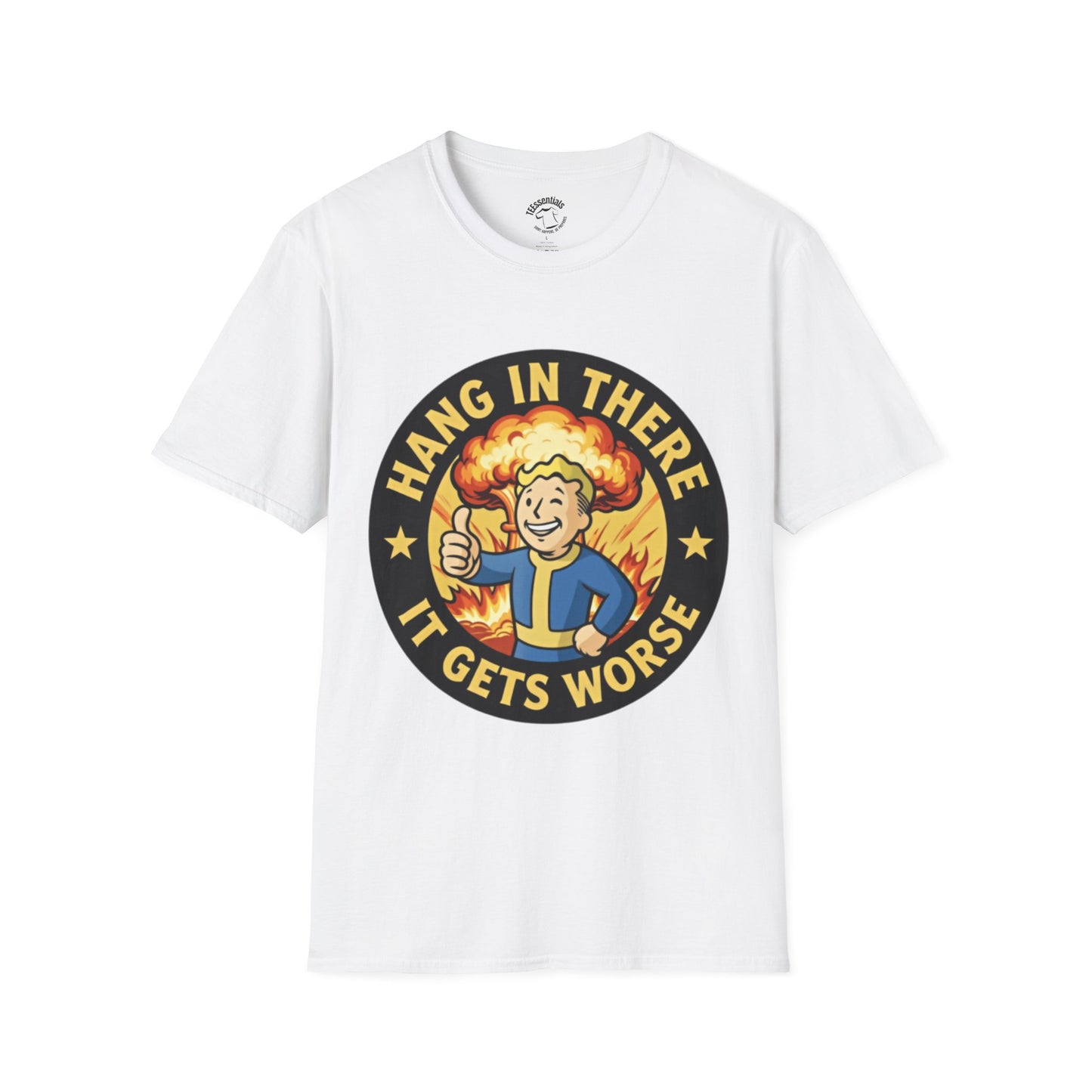 T-Shirt — "Hang In There It Gets Worse" Retro Fallout Nuclear Thumbs-Up Graphic