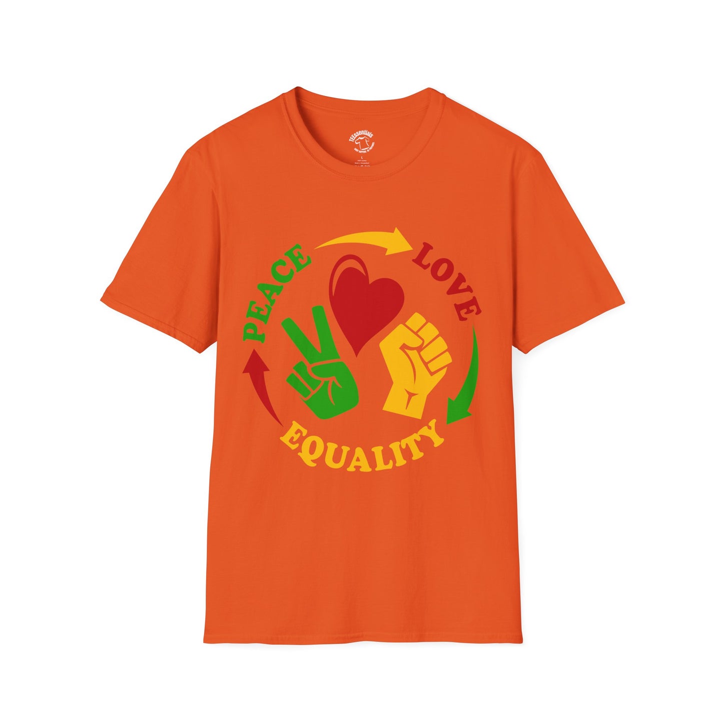 Equality Peace Love T-Shirt — Heart, Peace Sign & Raised Fist Tee