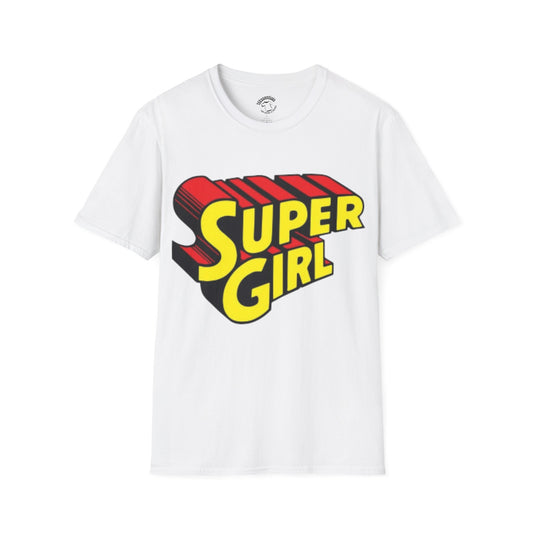 Super Girl Retro Logo T-Shirt — Bold Yellow & Red Comic-Style Tee