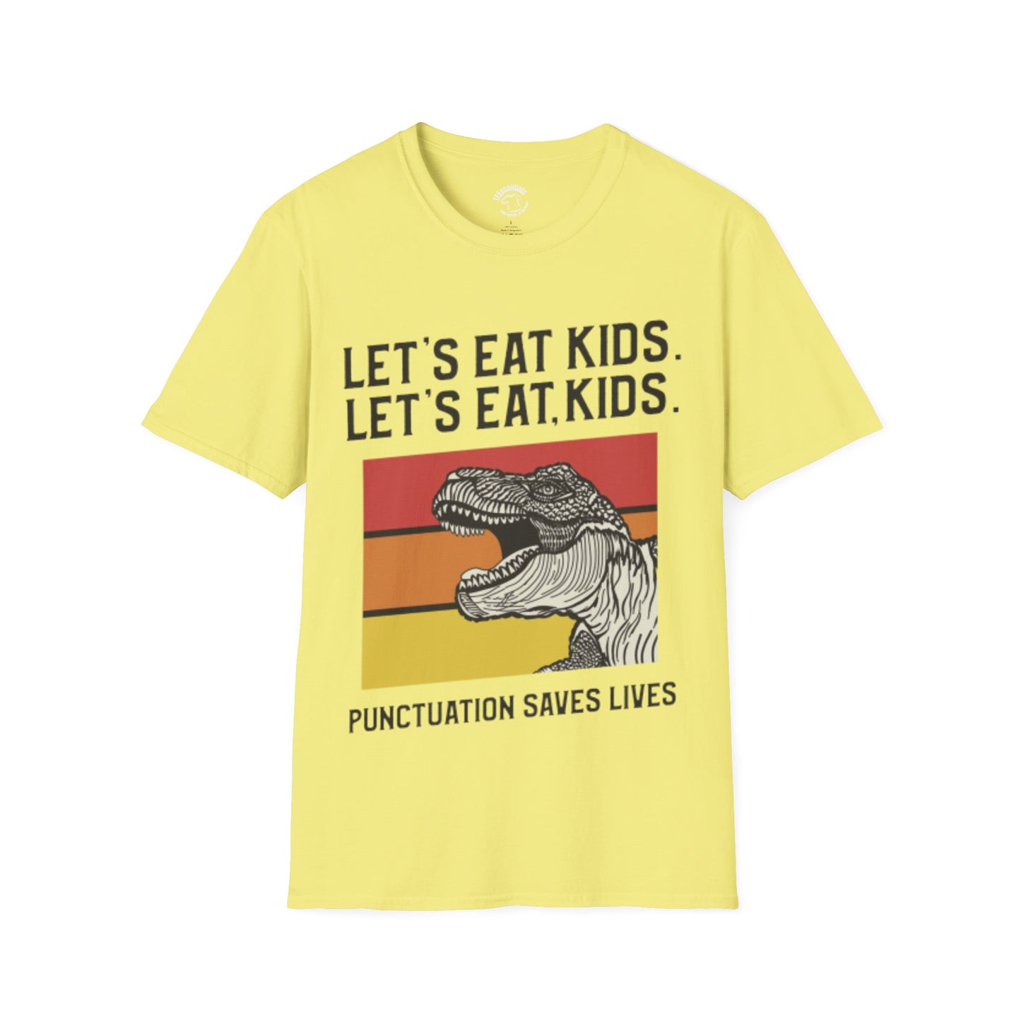 Lets Eat Kids T-Shirt — "Punctuation Saves Lives" Retro Dino Graphic Tee