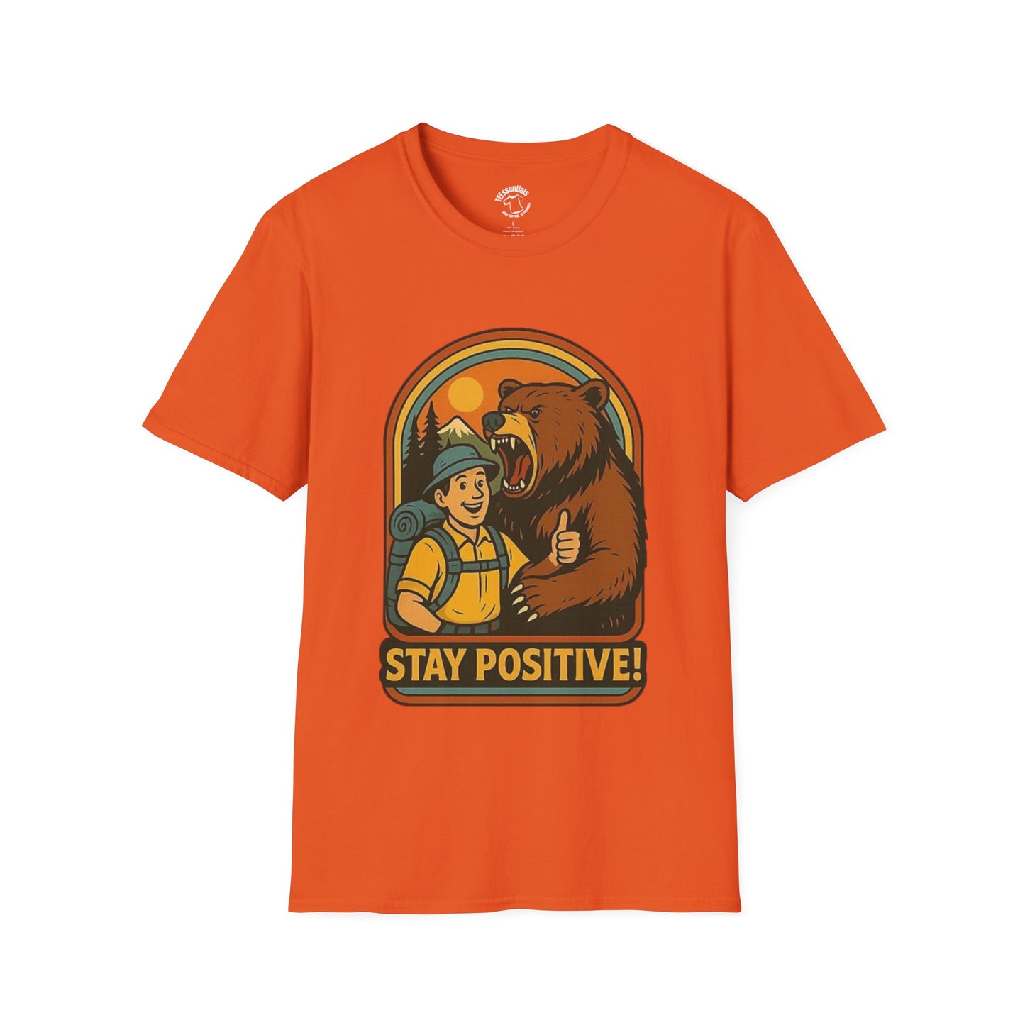 Stay Positive T-Shirt – Hiker and Bear Thumbs-Up Outdoor Graphic Tee