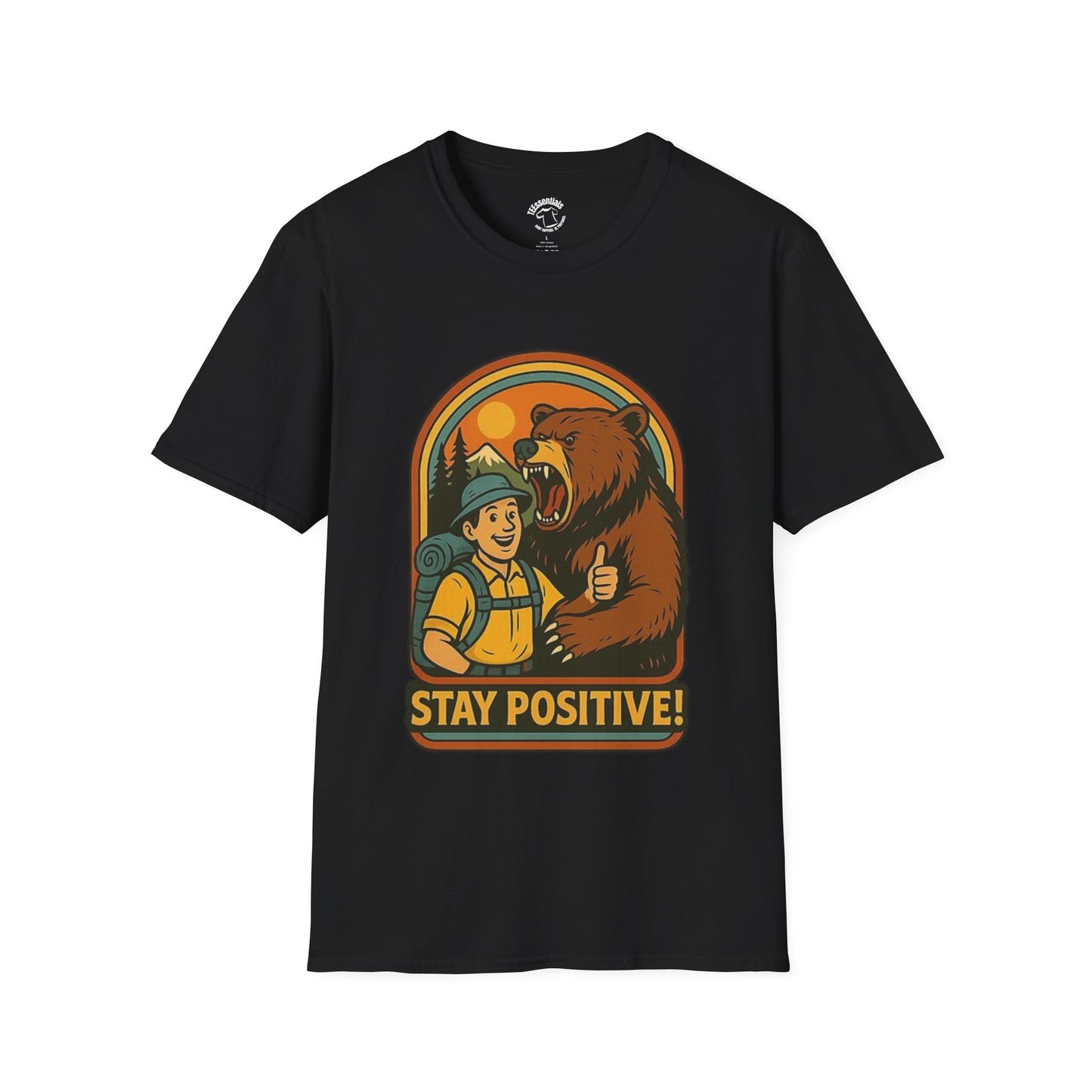Stay Positive T-Shirt – Hiker and Bear Thumbs-Up Outdoor Graphic Tee