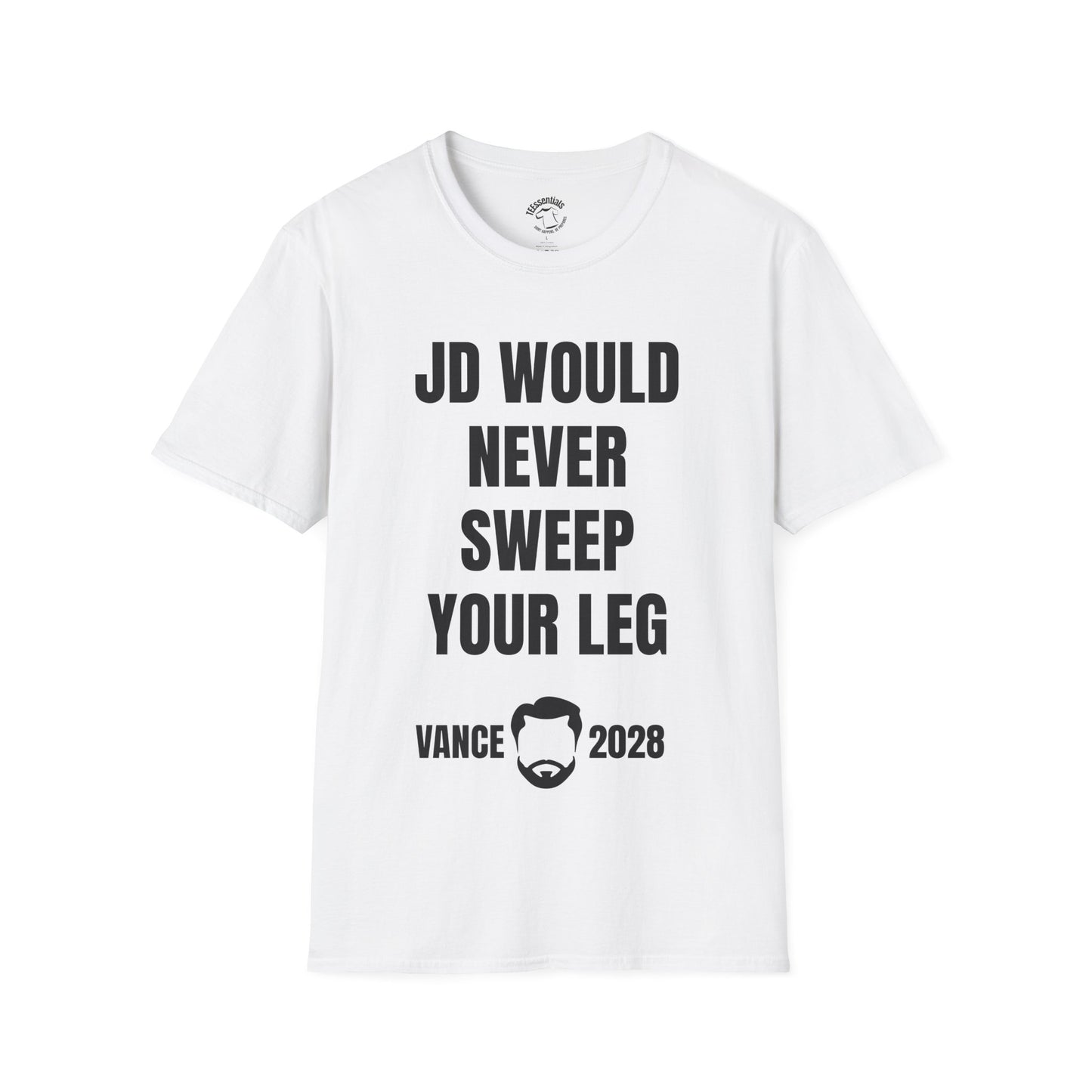 Political Parody T-Shirt — “JD Would Never Sweep Your Leg” Vance 2028