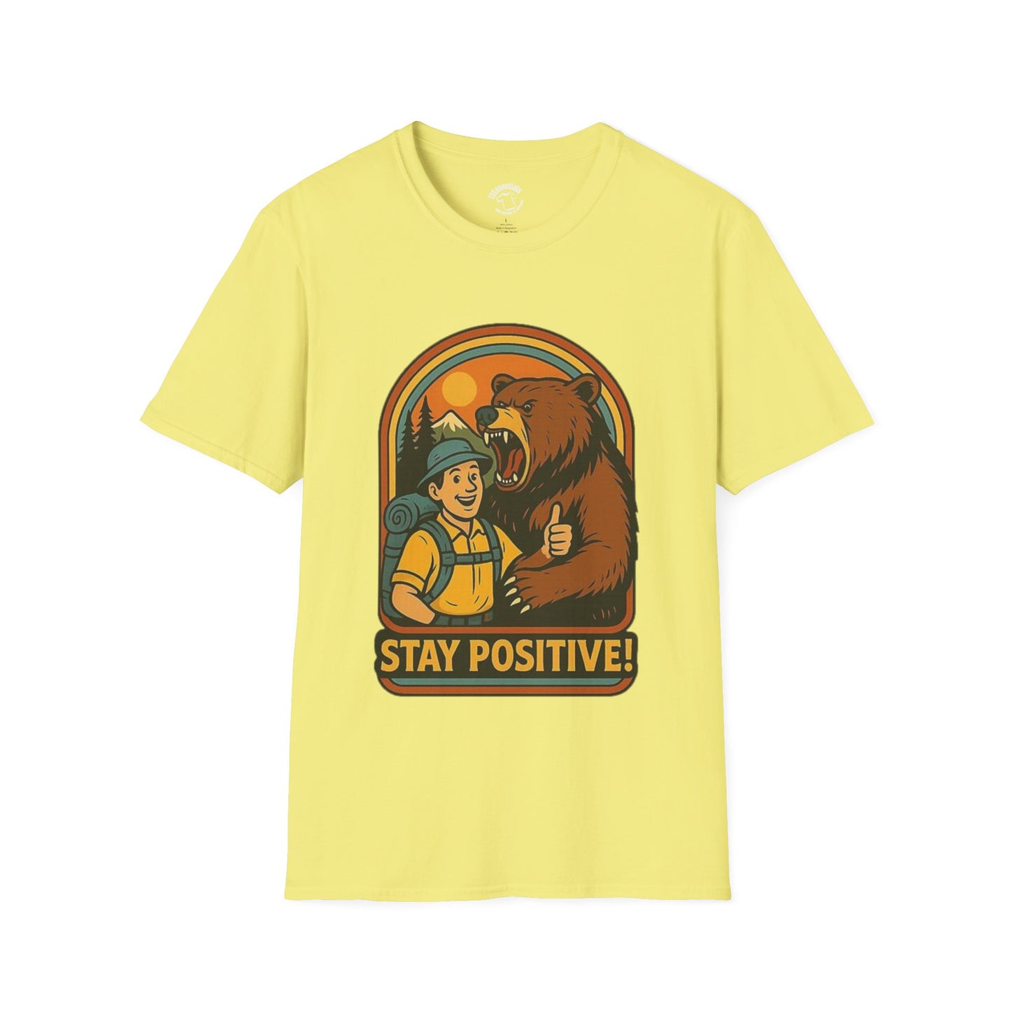 Stay Positive T-Shirt – Hiker and Bear Thumbs-Up Outdoor Graphic Tee