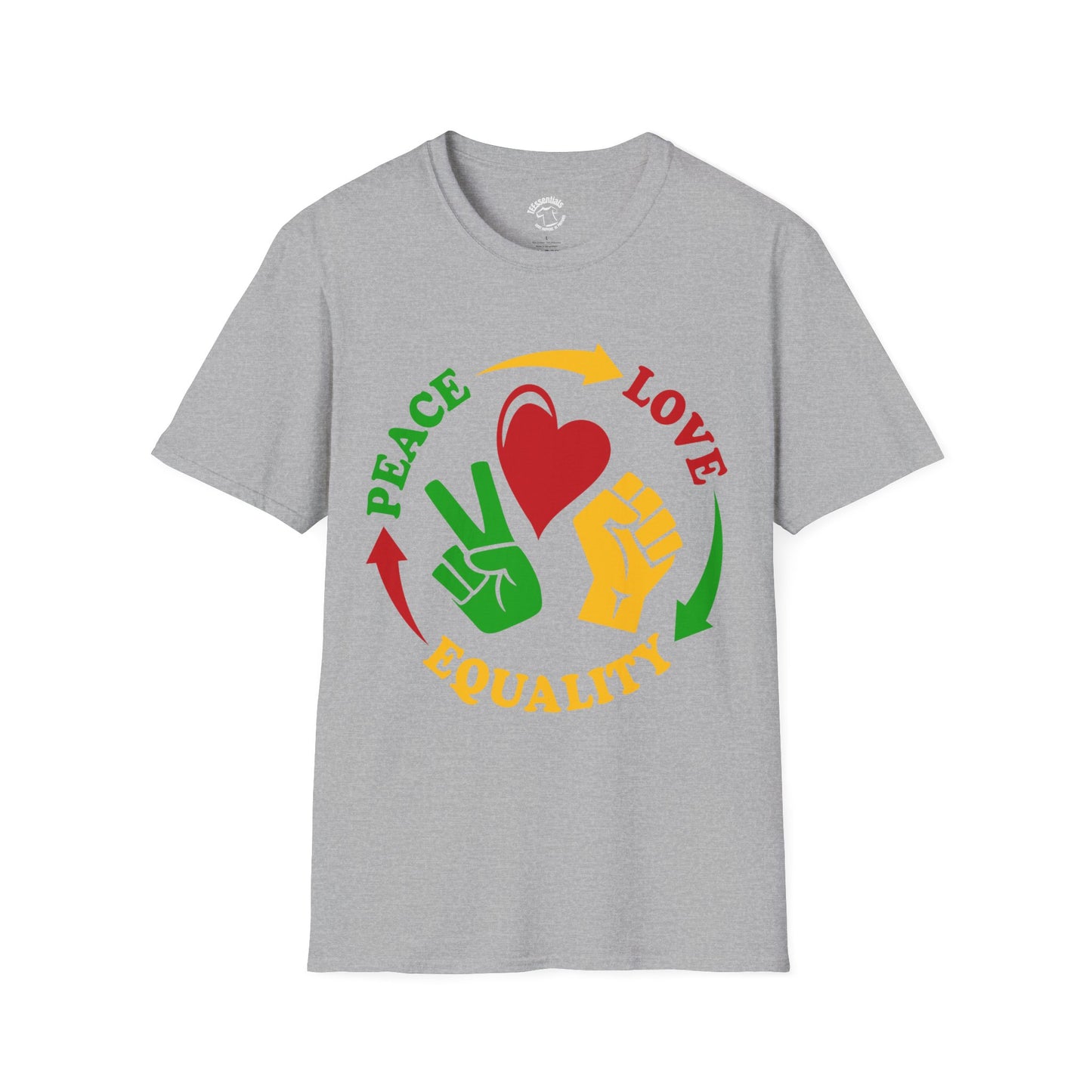 Equality Peace Love T-Shirt — Heart, Peace Sign & Raised Fist Tee
