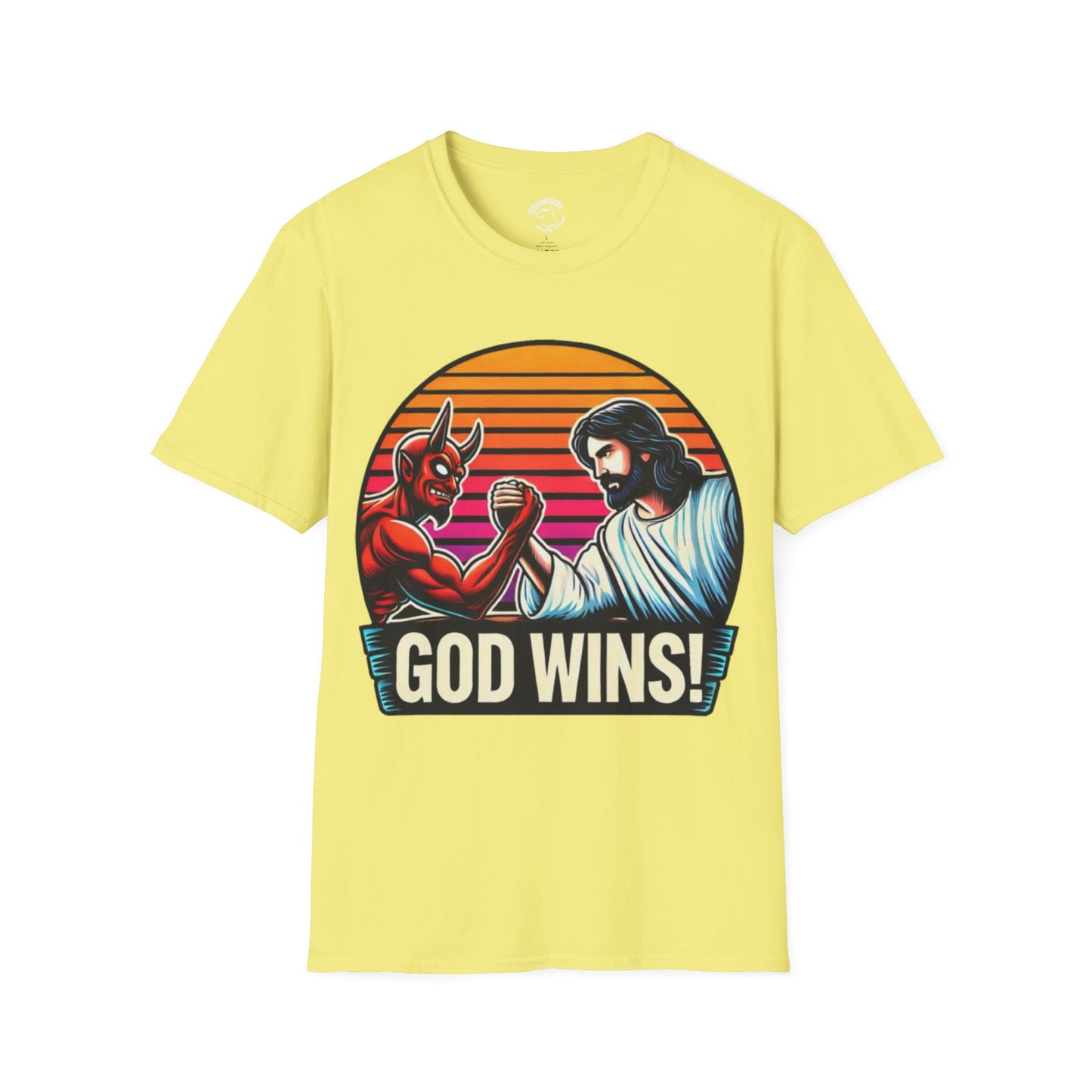 God Wins T-Shirt — Jesus vs. Devil Arm Wrestling Christian Graphic Tee