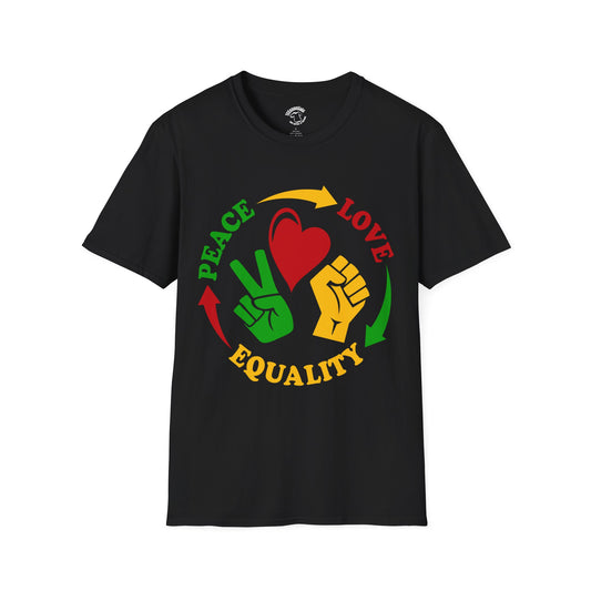 Equality Peace Love T-Shirt — Heart, Peace Sign & Raised Fist Tee