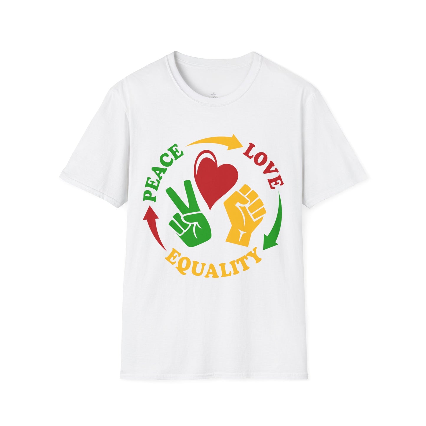 Equality Peace Love T-Shirt — Heart, Peace Sign & Raised Fist Tee