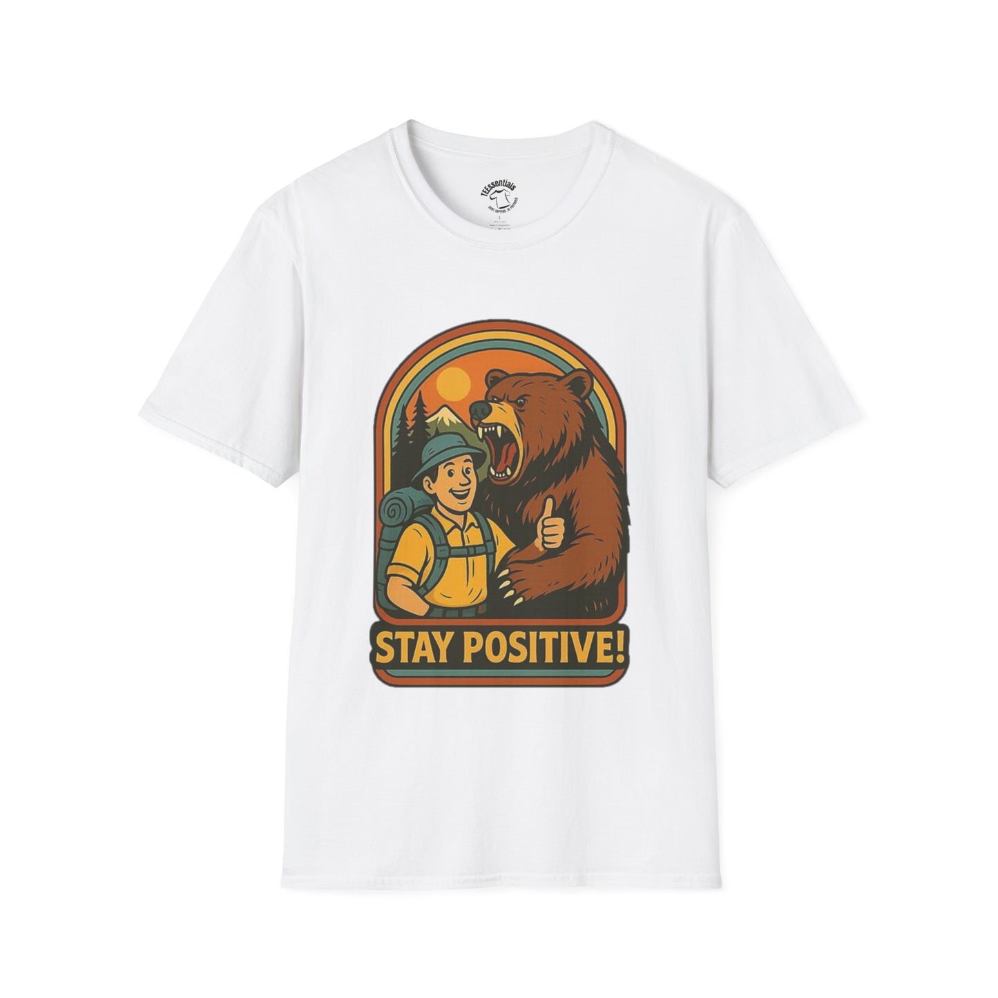 Stay Positive T-Shirt – Hiker and Bear Thumbs-Up Outdoor Graphic Tee