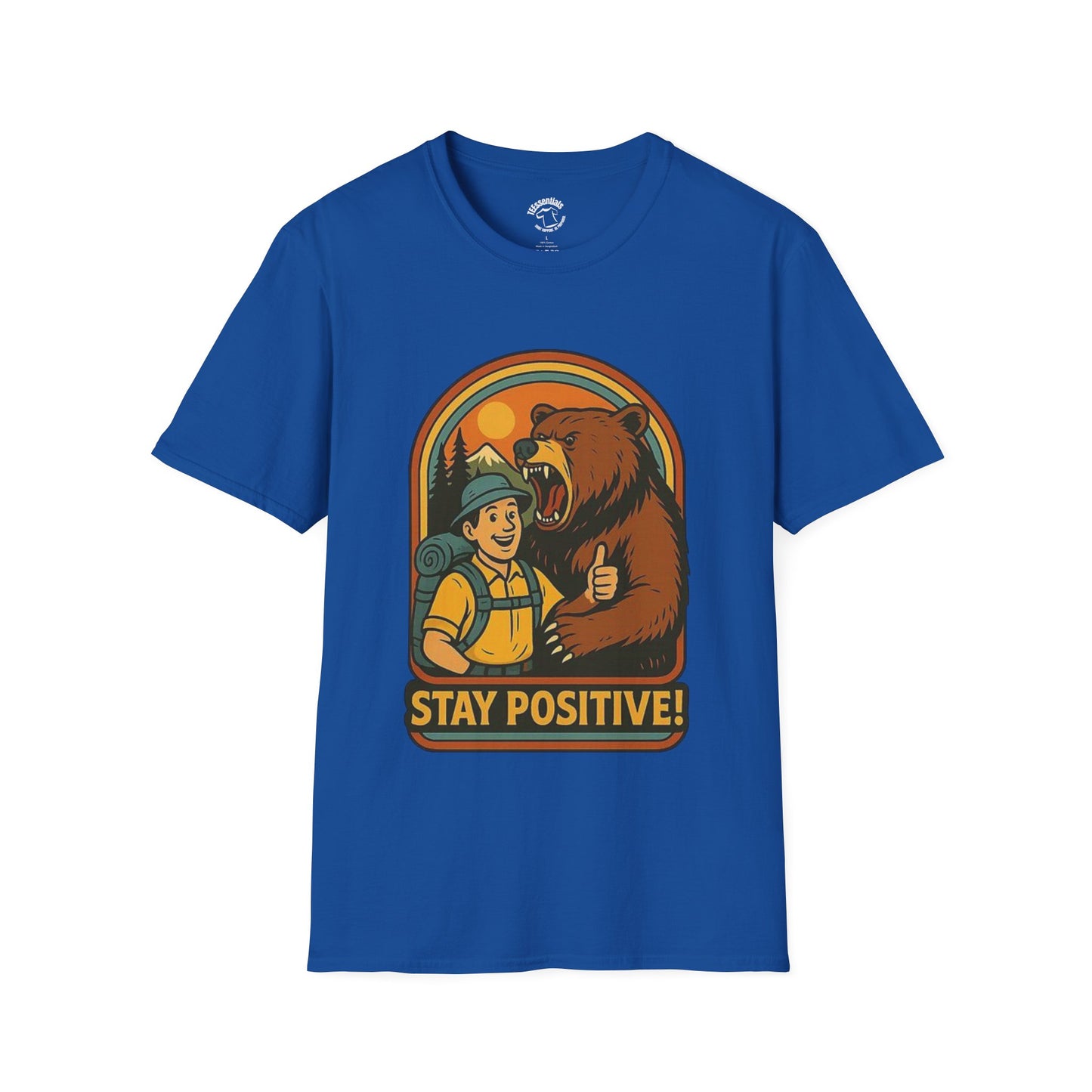 Stay Positive T-Shirt – Hiker and Bear Thumbs-Up Outdoor Graphic Tee