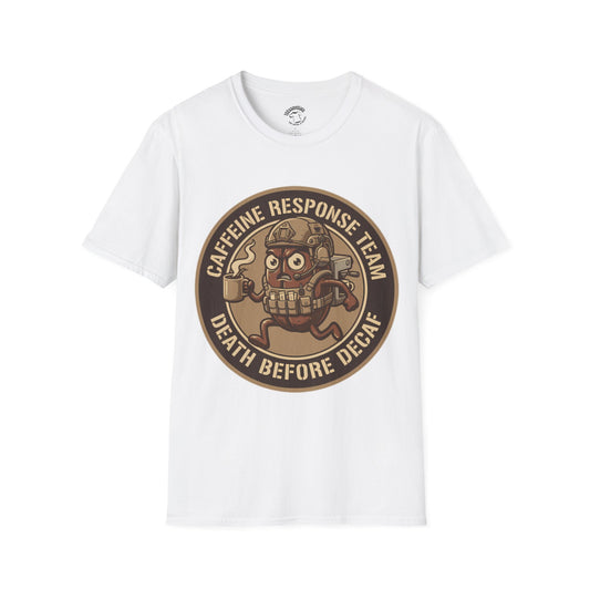 Caffeine Response Team T-Shirt – “Death Before Decaf” Coffee Skull Tee