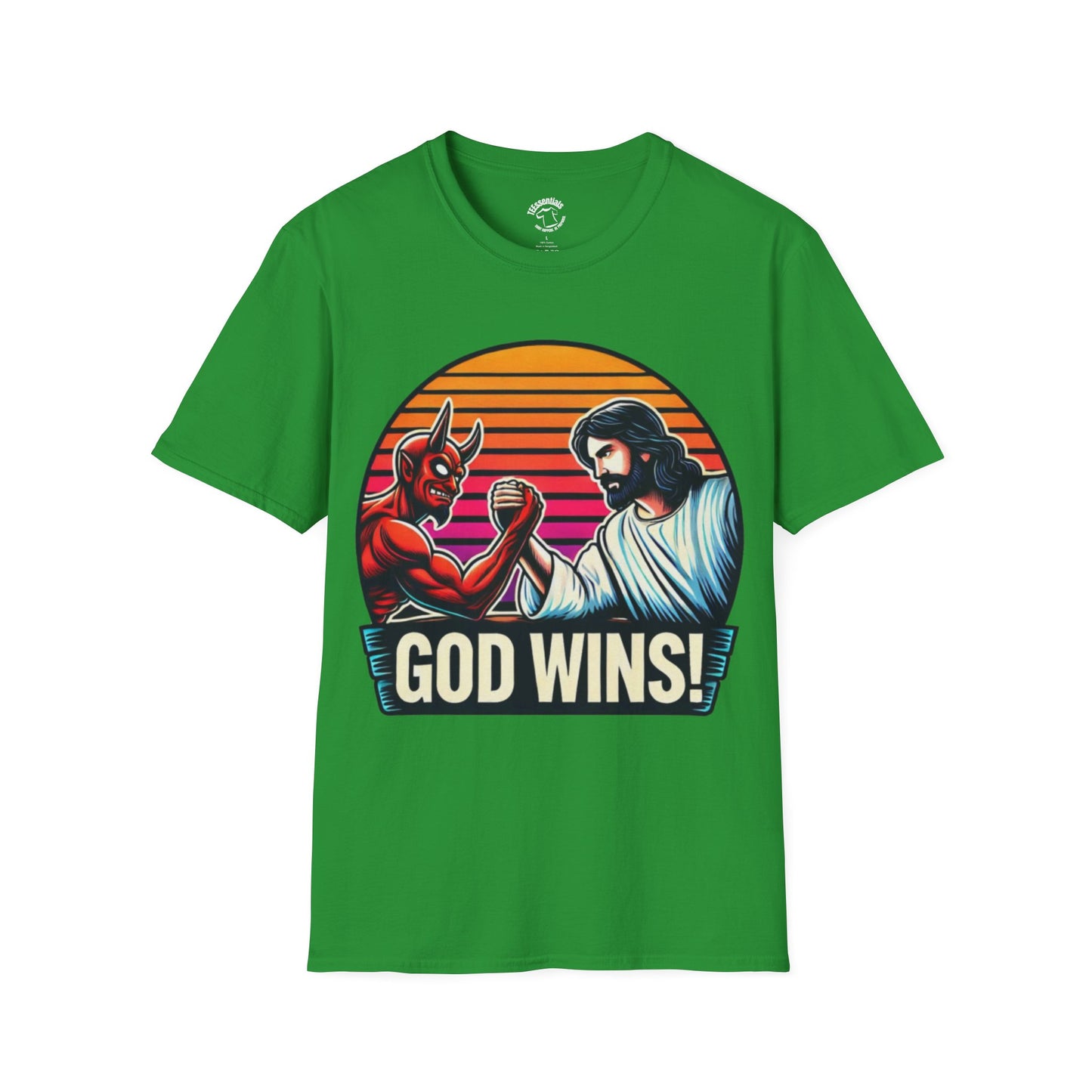 God Wins T-Shirt — Jesus vs. Devil Arm Wrestling Christian Graphic Tee