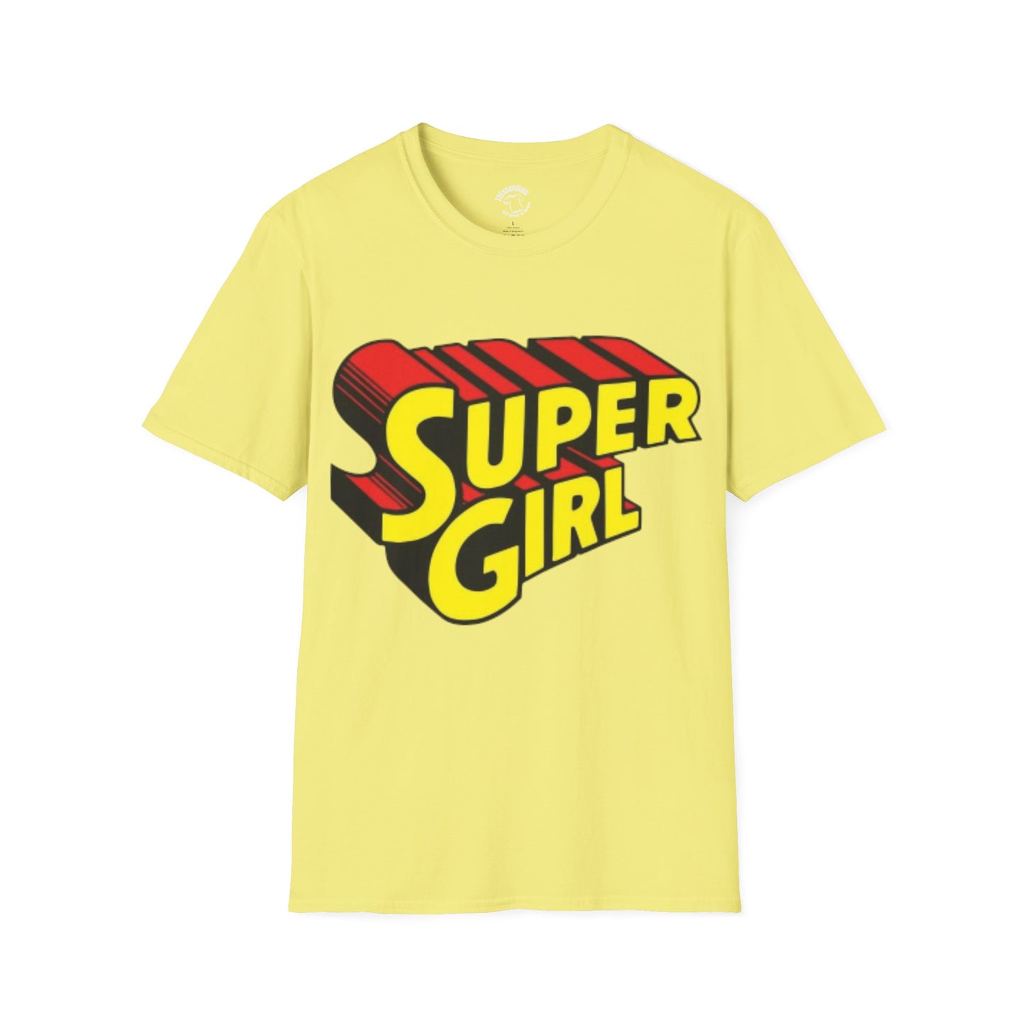 Super Girl Retro Logo T-Shirt — Bold Yellow & Red Comic-Style Tee