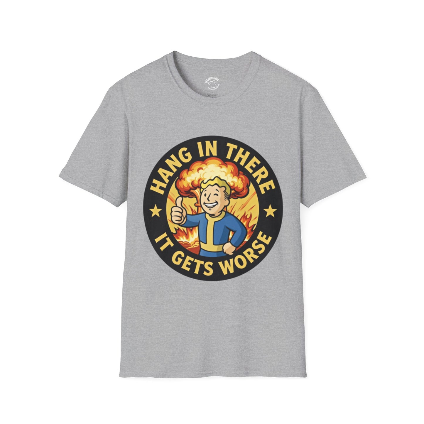 T-Shirt — "Hang In There It Gets Worse" Retro Fallout Nuclear Thumbs-Up Graphic