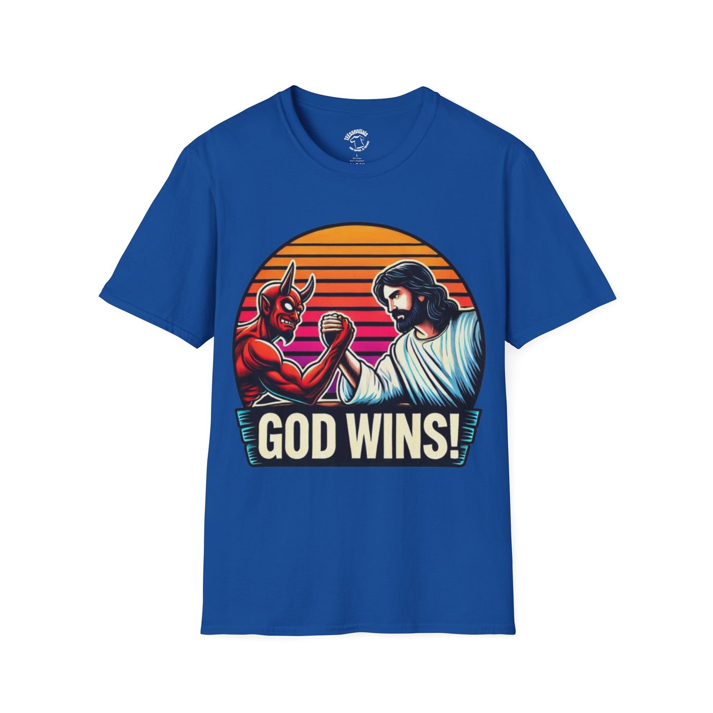 God Wins T-Shirt — Jesus vs. Devil Arm Wrestling Christian Graphic Tee