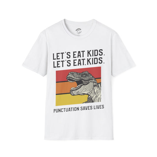 Lets Eat Kids T-Shirt — "Punctuation Saves Lives" Retro Dino Graphic Tee