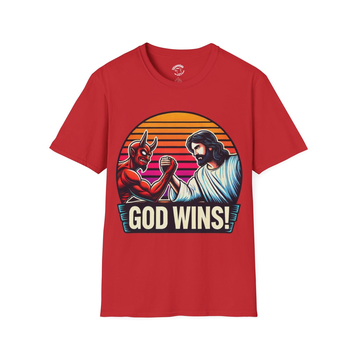 God Wins T-Shirt — Jesus vs. Devil Arm Wrestling Christian Graphic Tee