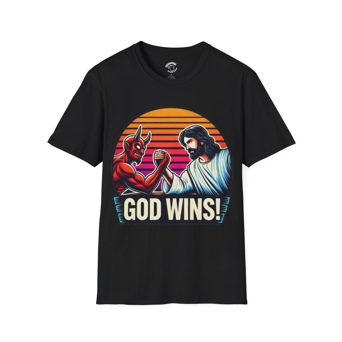 God Wins T-Shirt — Jesus vs. Devil Arm Wrestling Christian Graphic Tee