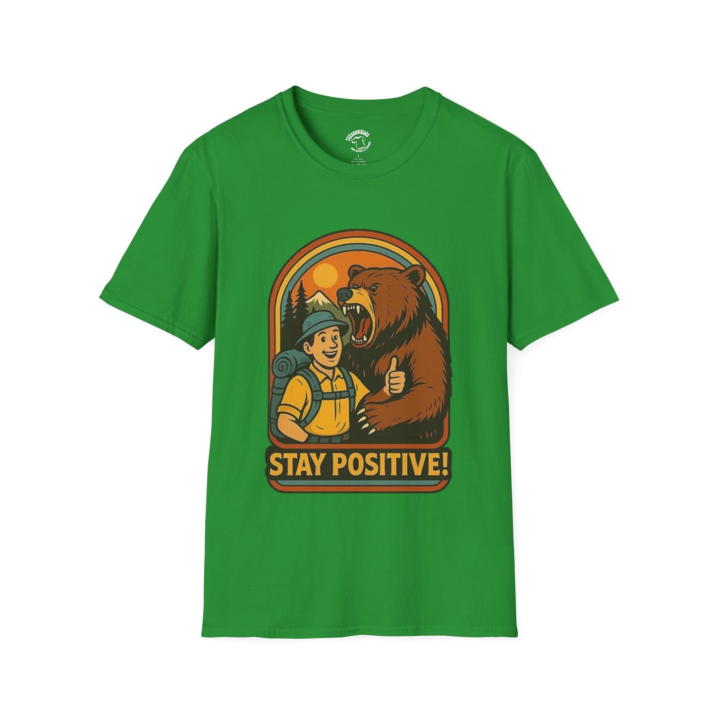 Stay Positive T-Shirt – Hiker and Bear Thumbs-Up Outdoor Graphic Tee