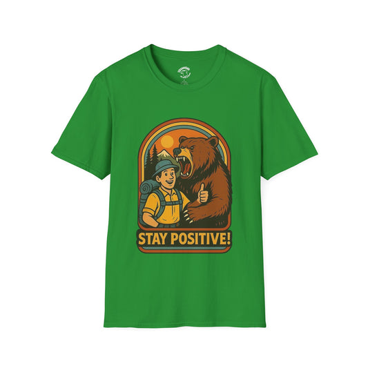 Stay Positive T-Shirt – Hiker and Bear Thumbs-Up Outdoor Graphic Tee