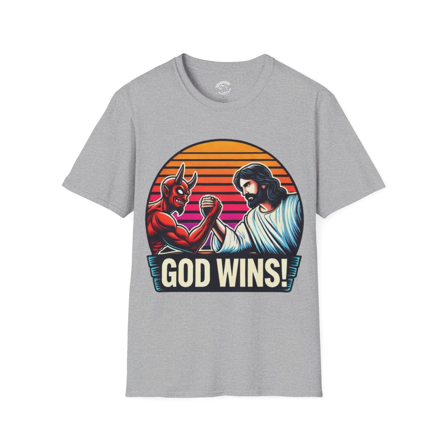 God Wins T-Shirt — Jesus vs. Devil Arm Wrestling Christian Graphic Tee