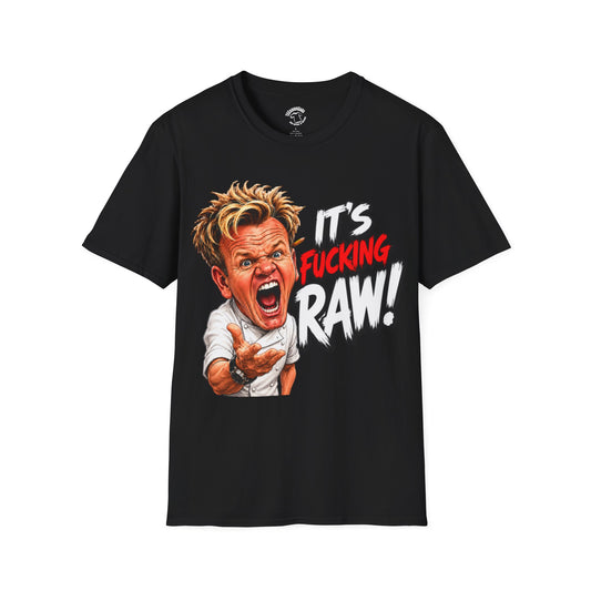 Graphic T‑Shirt — Bold 'It's F***ing Raw!' Chef Caricature Tee