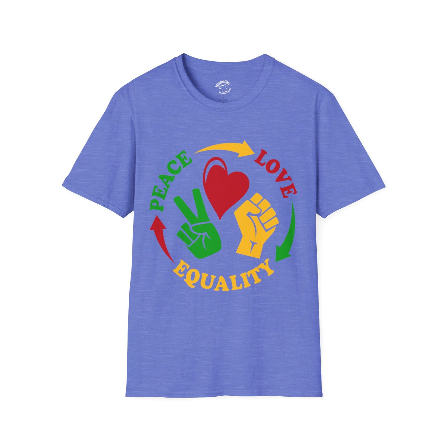 Equality Peace Love T-Shirt — Heart, Peace Sign & Raised Fist Tee