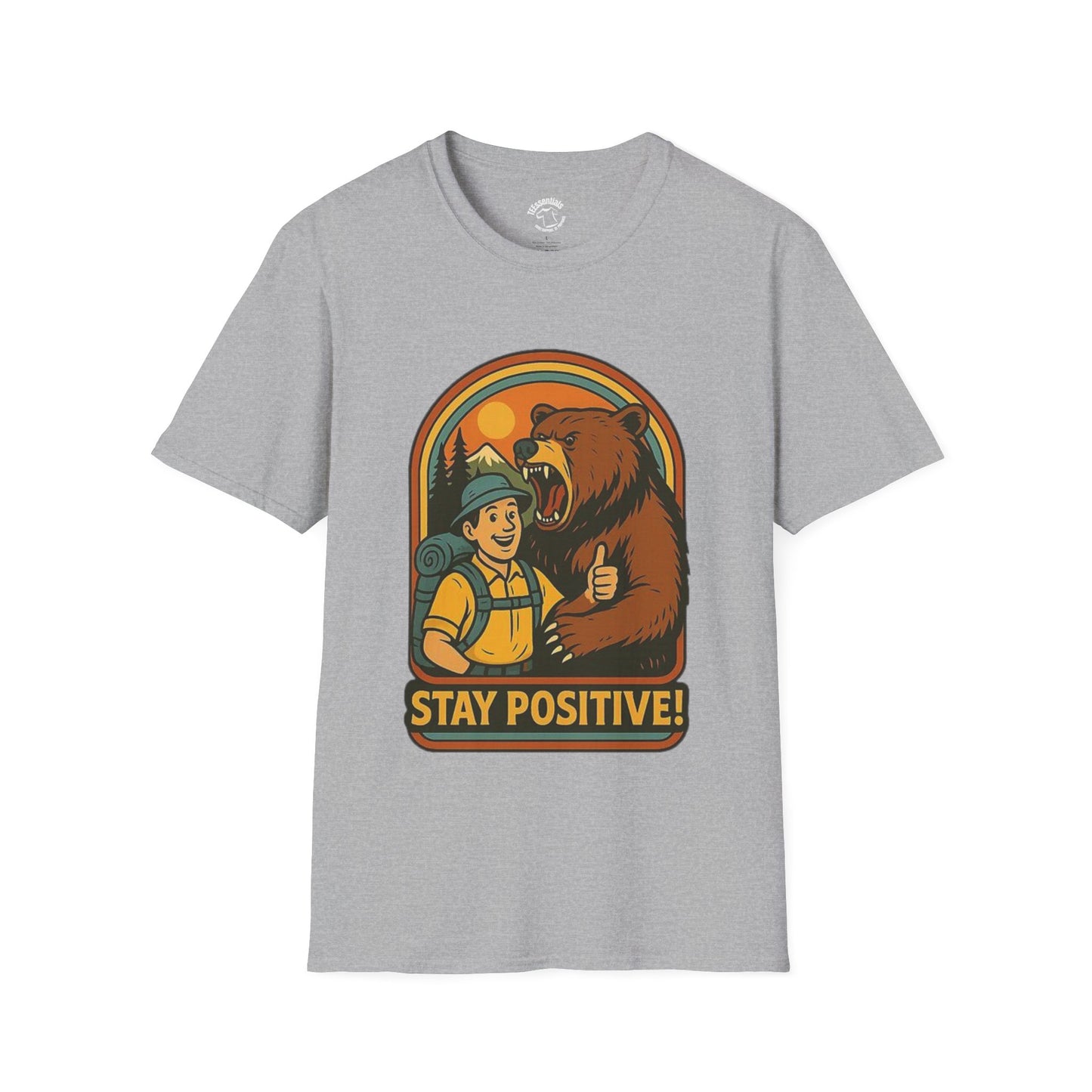 Stay Positive T-Shirt – Hiker and Bear Thumbs-Up Outdoor Graphic Tee