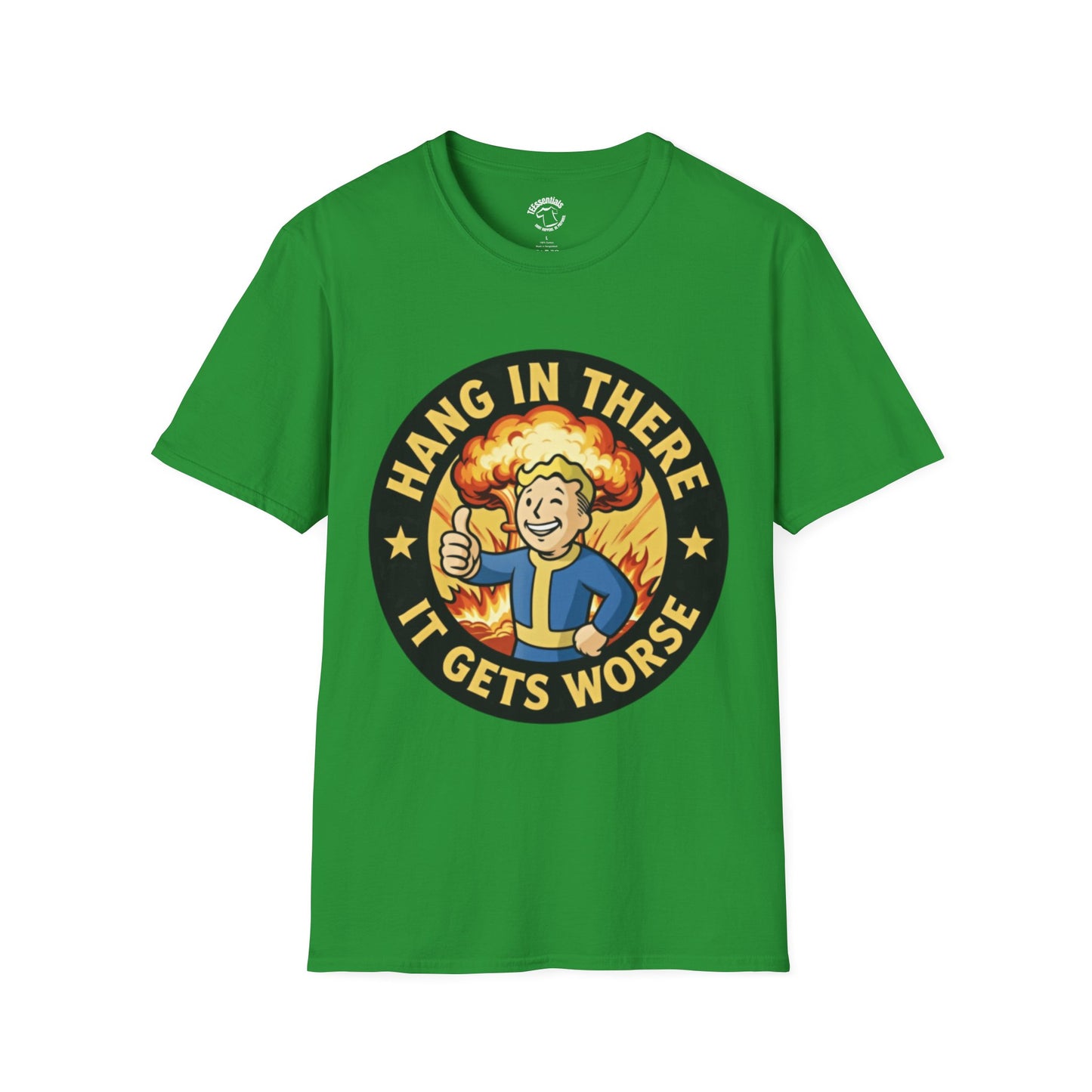 T-Shirt — "Hang In There It Gets Worse" Retro Fallout Nuclear Thumbs-Up Graphic
