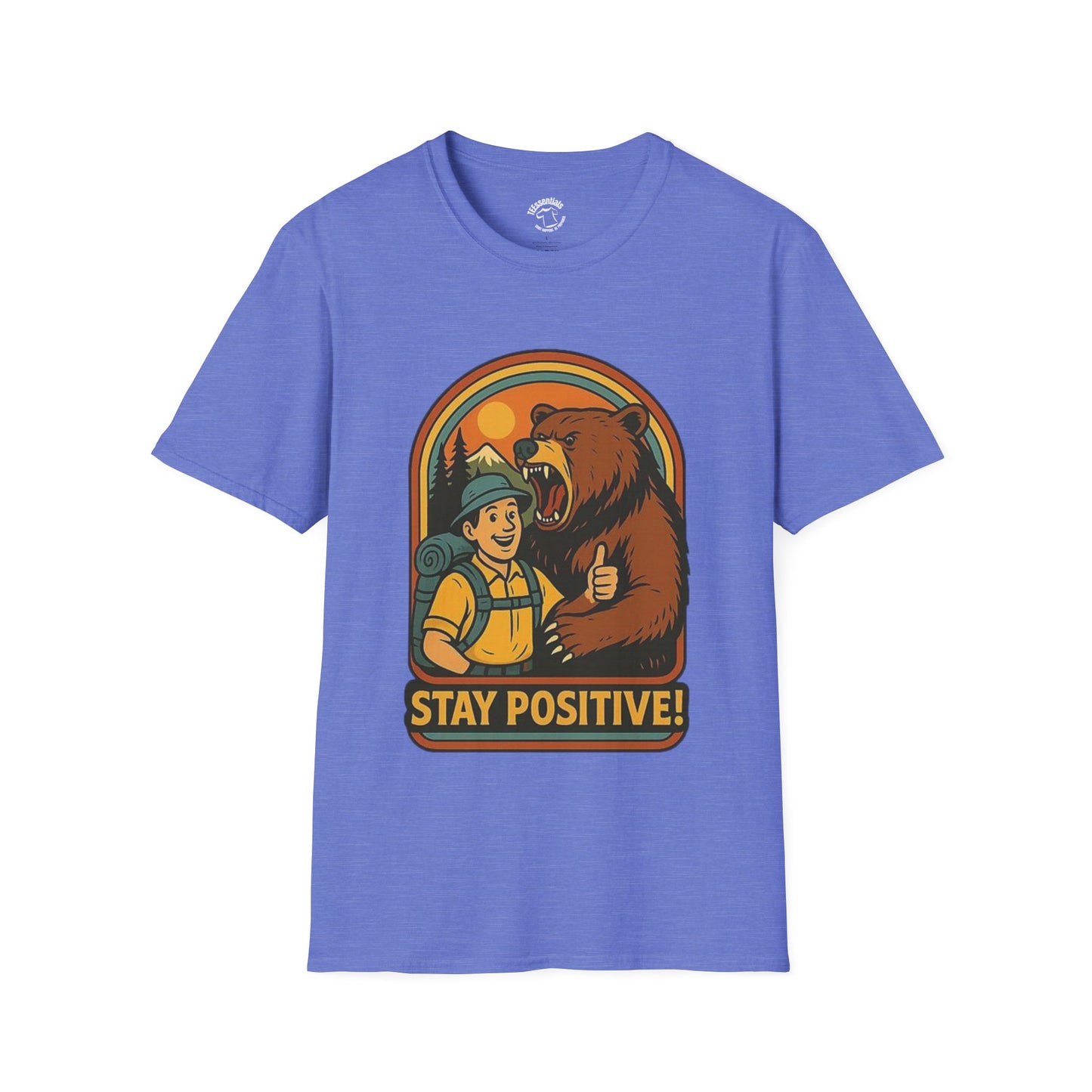 Stay Positive T-Shirt – Hiker and Bear Thumbs-Up Outdoor Graphic Tee