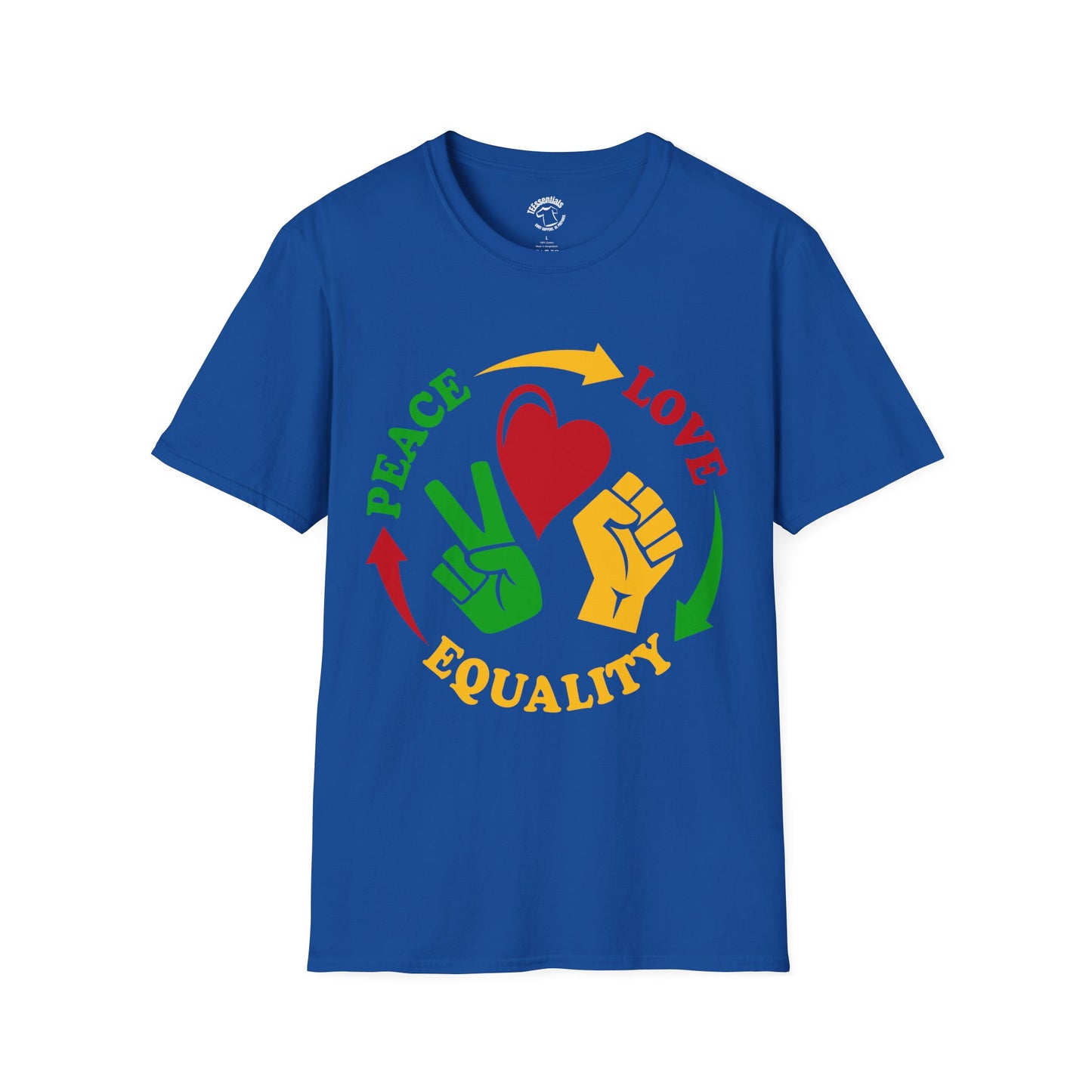 Equality Peace Love T-Shirt — Heart, Peace Sign & Raised Fist Tee