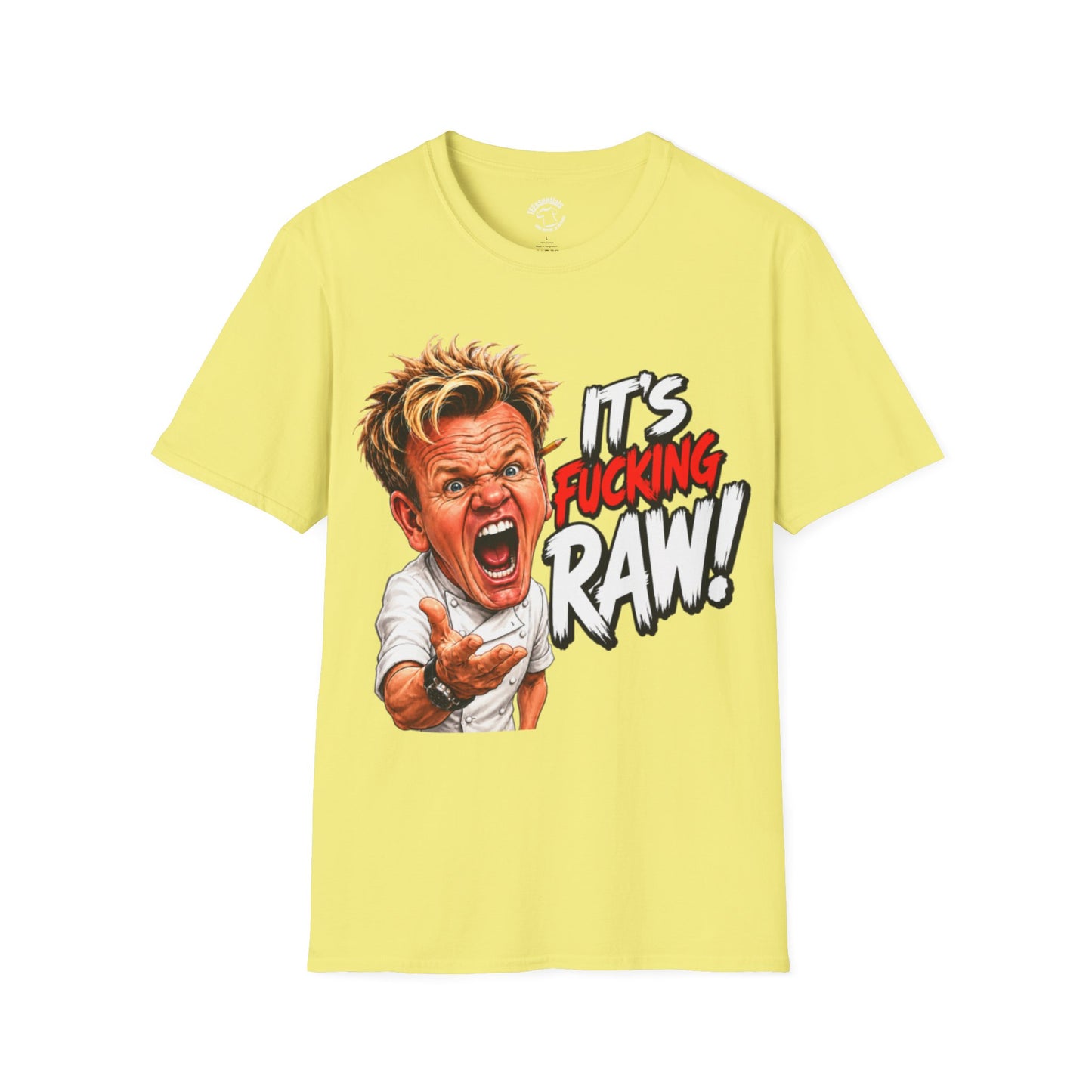 Graphic T‑Shirt — Bold 'It's F***ing Raw!' Chef Caricature Tee