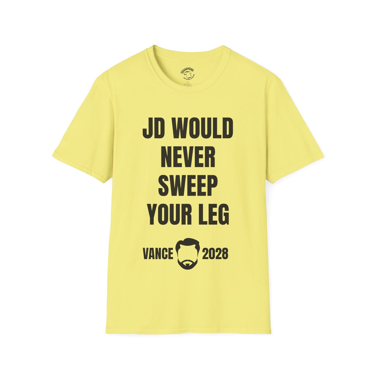Political Parody T-Shirt — “JD Would Never Sweep Your Leg” Vance 2028
