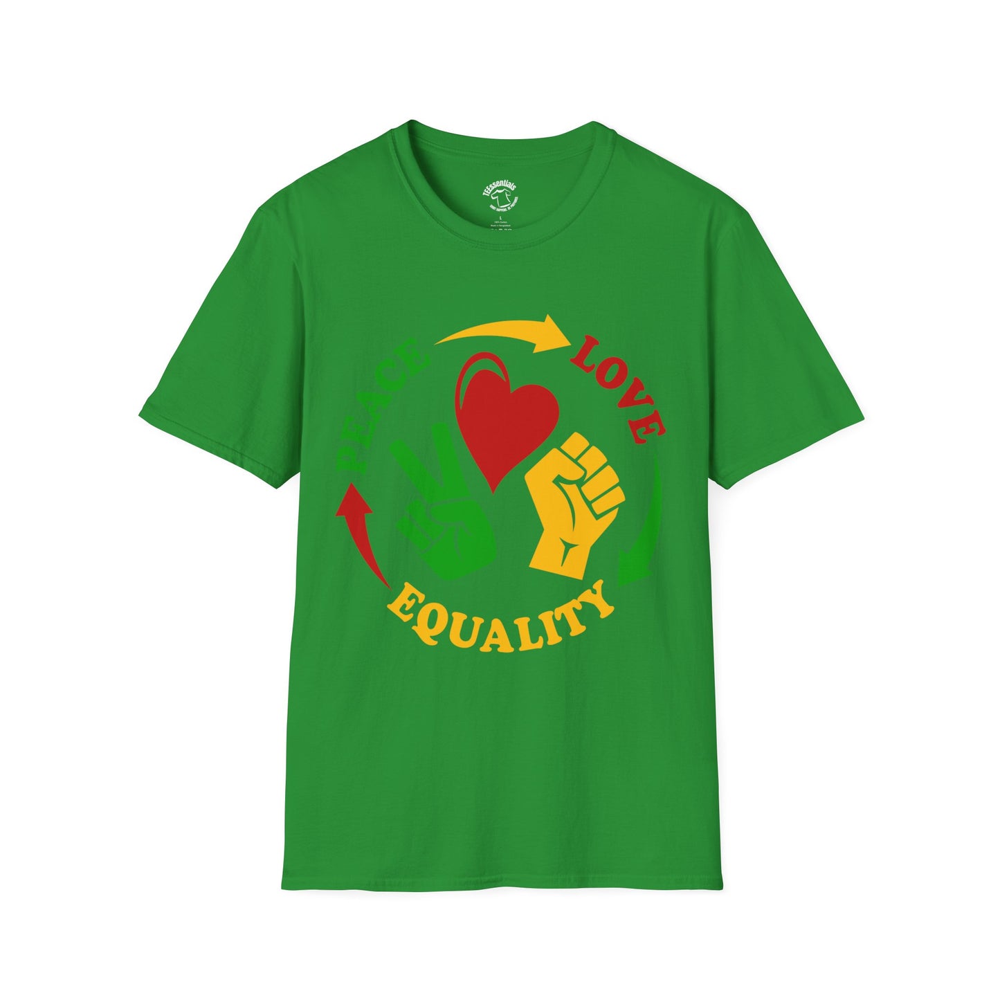 Equality Peace Love T-Shirt — Heart, Peace Sign & Raised Fist Tee
