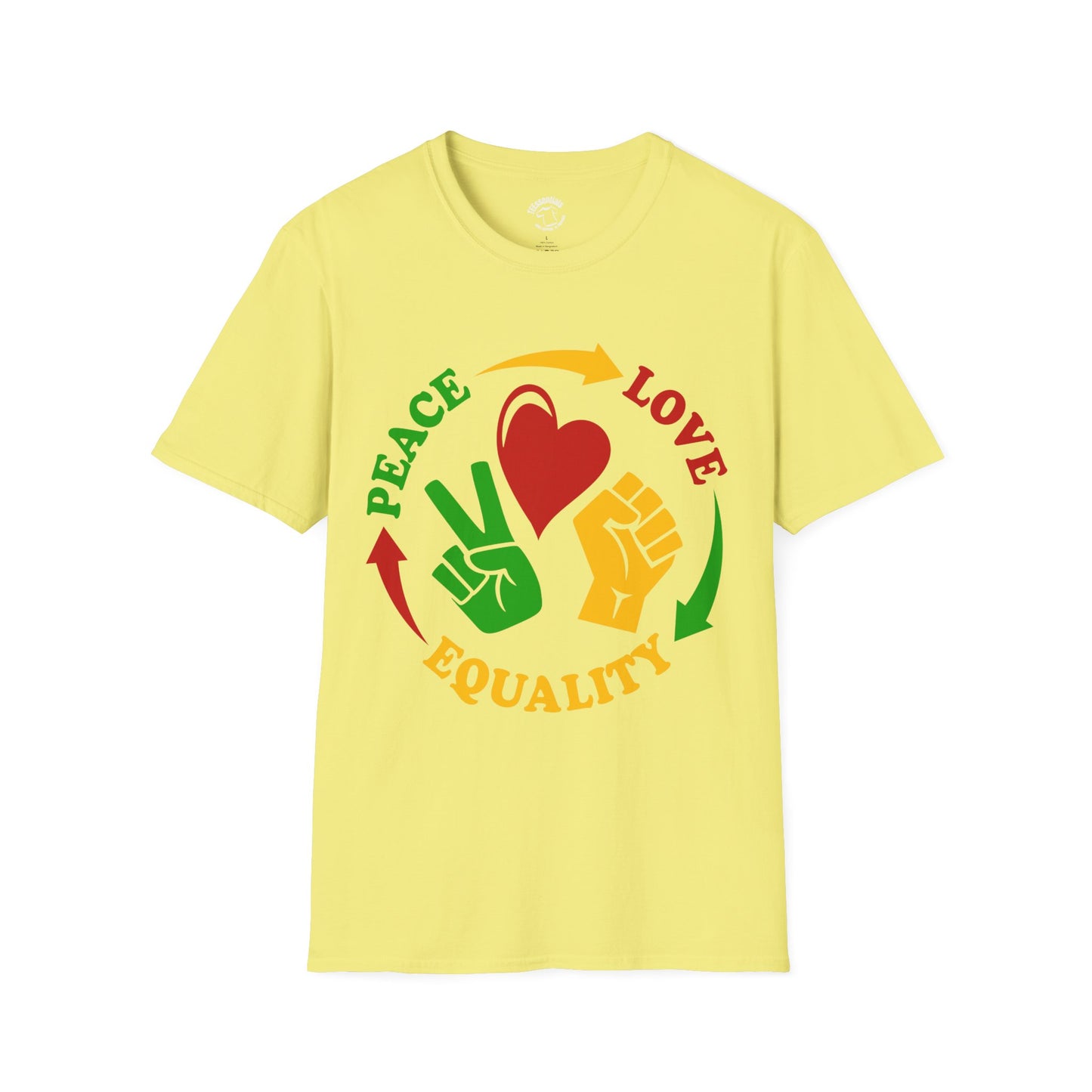 Equality Peace Love T-Shirt — Heart, Peace Sign & Raised Fist Tee
